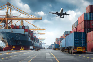 global logistics: cargo ship, trucks, and airplane at busy conta
