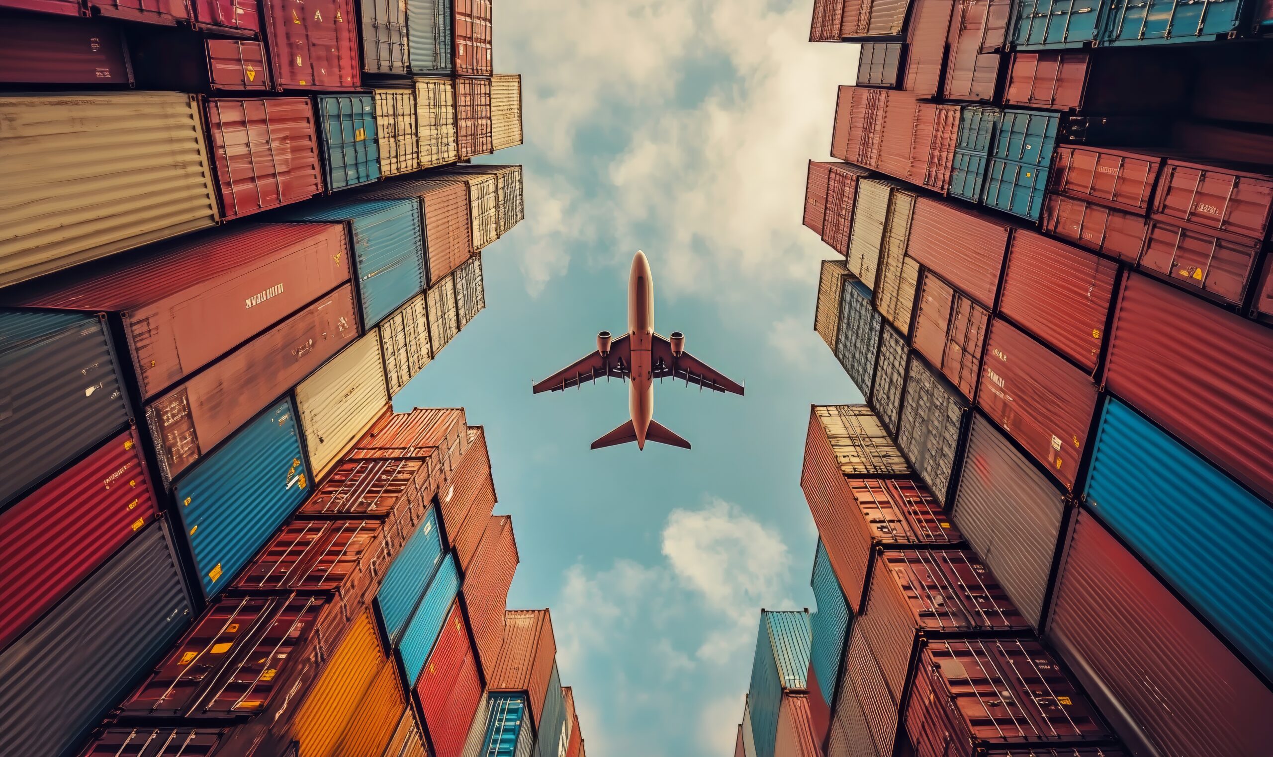 plane flying over colorful shipping containers at a busy port during the day.